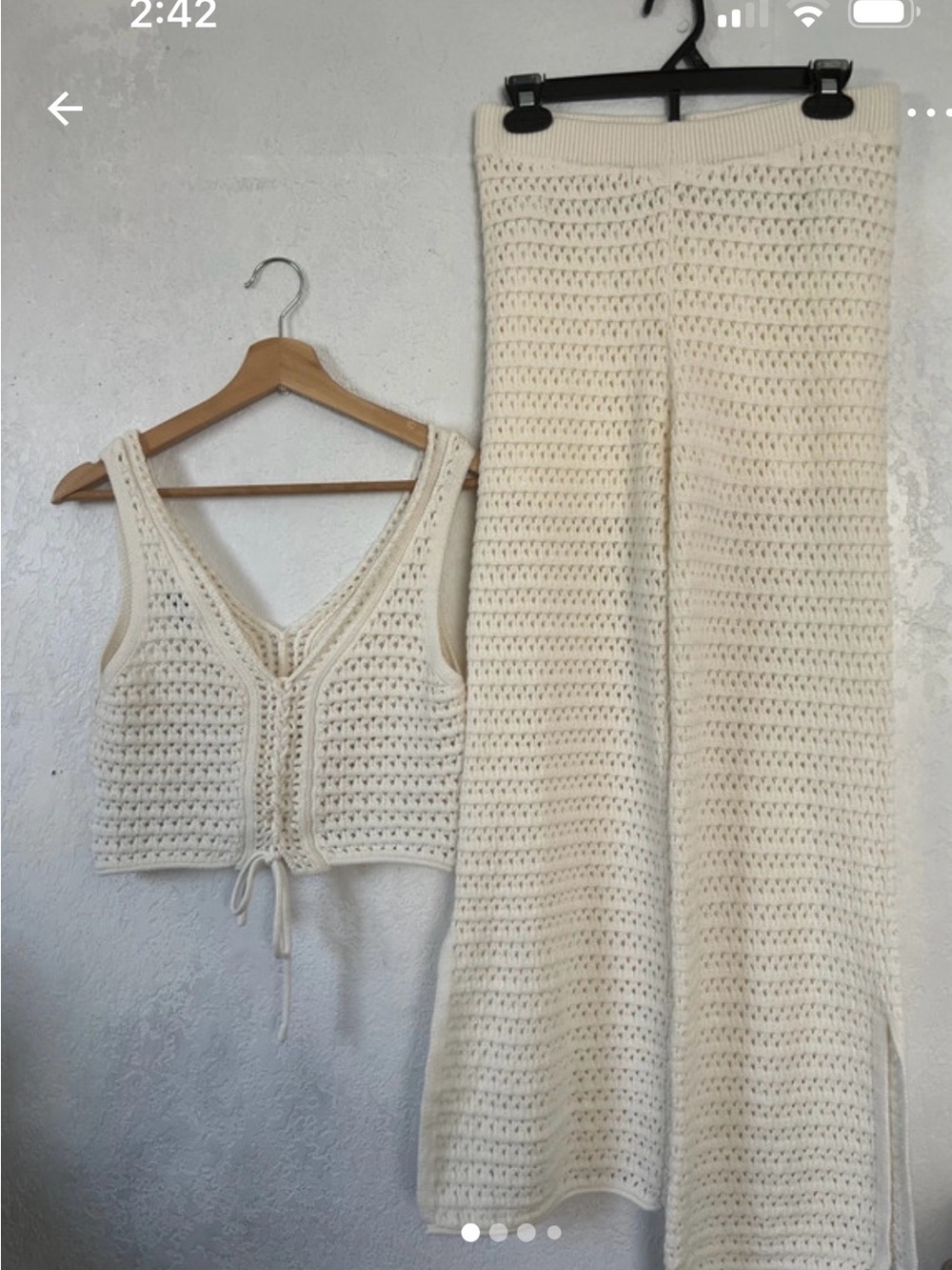 Pink Rose Cream Crochet Wide-Leg Pants & Tie-Front Vest Set